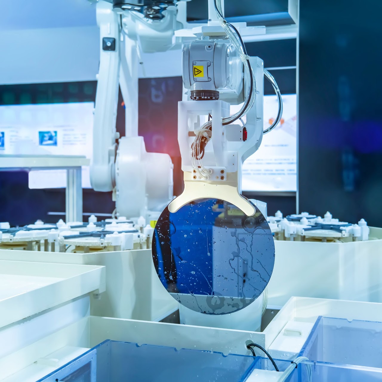 Robotic arm handling a semiconductor wafer in an automated processing tool — the type of workflow Semi-Bond carriers integrate into without additional support equipment