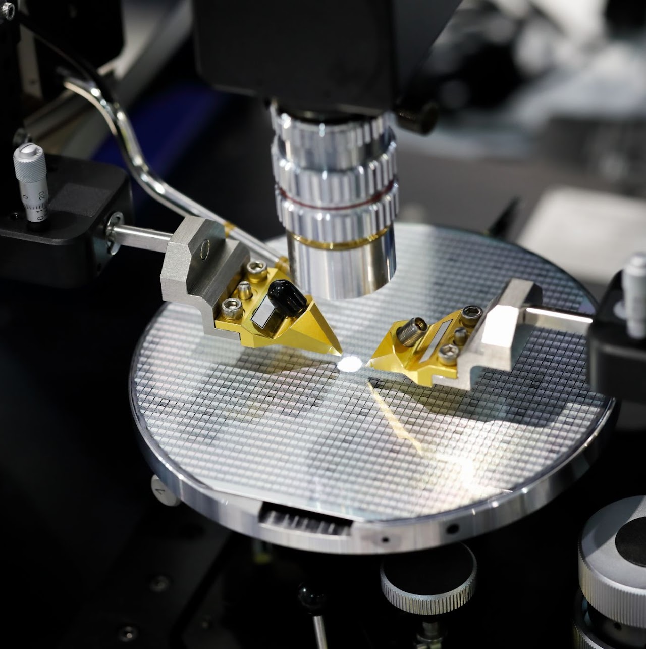 Wafer probing and inspection setup with test probes positioned on a semiconductor wafer — Semi-Bond carriers protect device integrity through every process step
